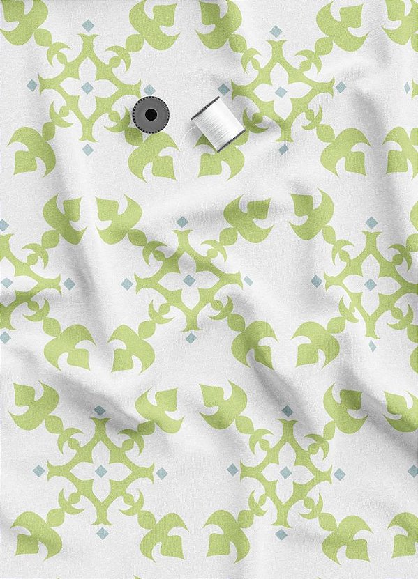 Tecido Helanca Estampa Digital Arabesco Verde Fundo Branco 1,55m de Largura