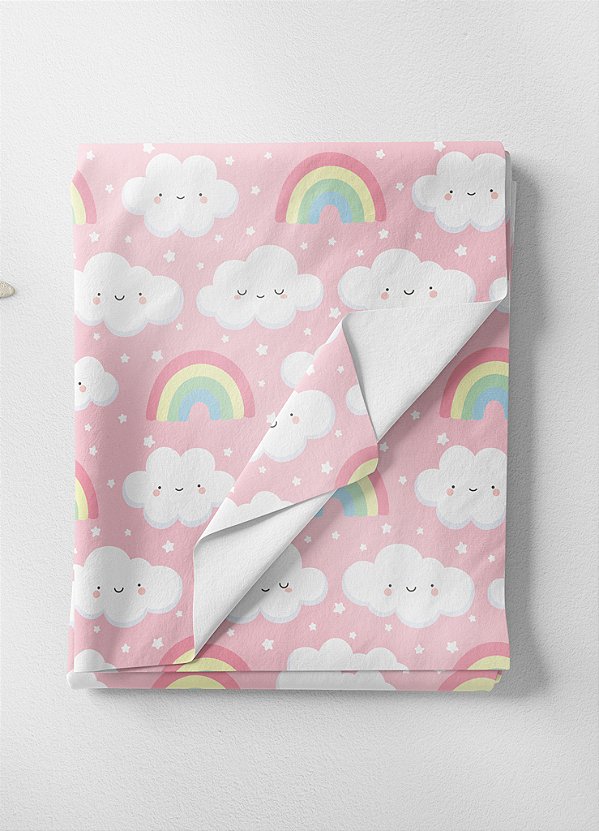 Tecido Oxford Estampa Digital Arco-Íris e Nuvens Fundo Rosa 1,55m de Largura
