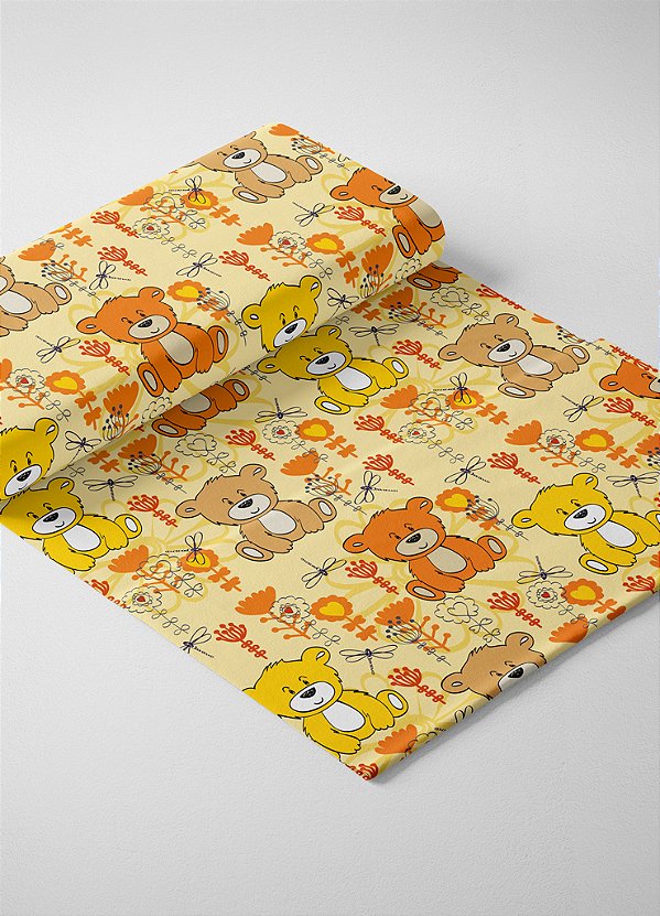 Tecido Oxford Estampa Digital Ursos Laranja e Amarelo 1,55m de Largura