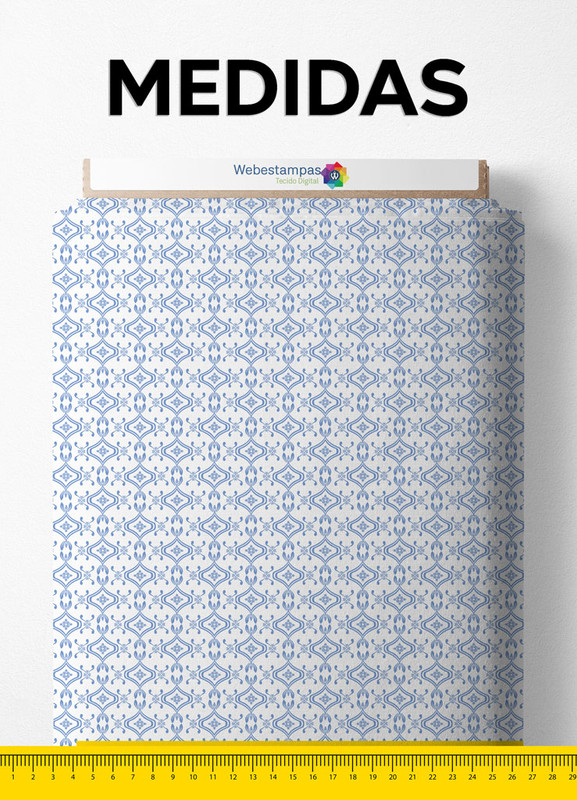 Tecido Velboa Estampa Digital Arabesco com Ramos Azul e Branco 1,55m de Largura