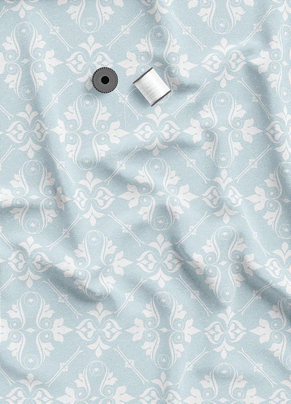 Tecido Veludo Suede Estampa Digital Arabesco Clássico Azul Claro 1,40m de Largura
