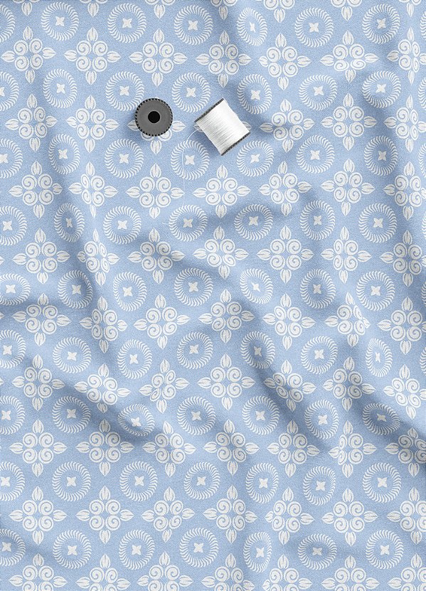 Tecido Veludo Suede Estampa Digital Circulo Arabesco Branco e Azul 1,40m de Largura