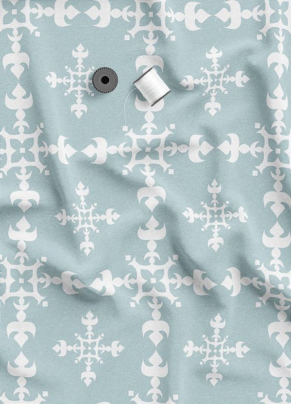 Tecido Veludo Suede Estampa Digital Formas Brancas Fundo Azul 1,40m de Largura