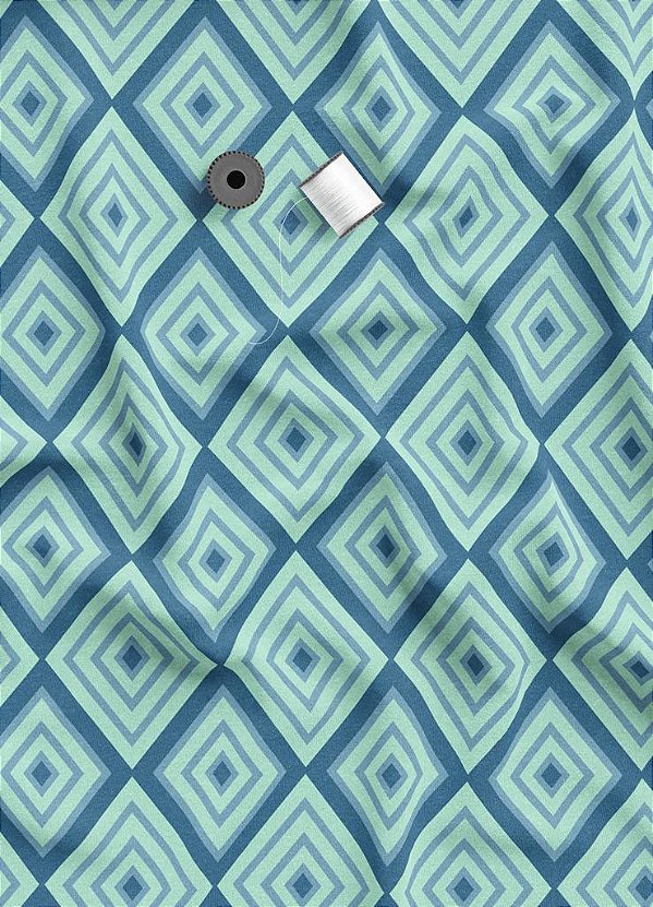 Tecido Veludo Suede Estampa Digital Losangos Azul e Verde 1,40m de Largura
