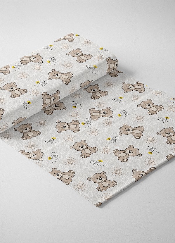 Tecido Veludo Suede Estampa Digital Urso e Passarinho 1,40m de Largura