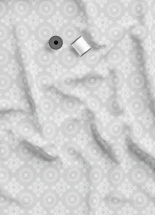 Tecido Tricoline Estampa Digital Arabesco Branco Fundo Cinza 1,50m de Largura