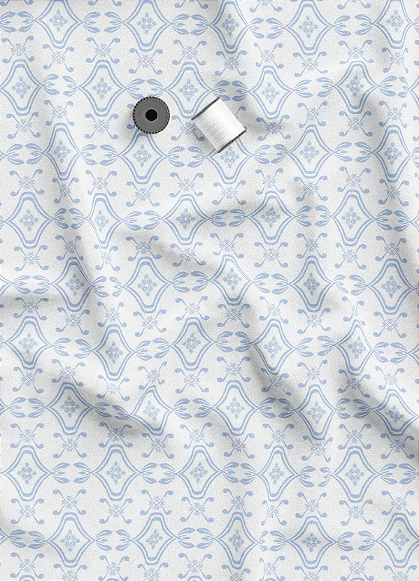 Tecido Tricoline Estampa Digital Arabesco com Ramos Azul e Branco 1,50m de Largura