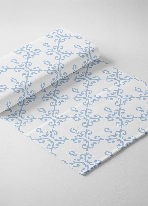 Tecido Microfibra Estampa Digital Arabesco Azul Fundo Branco 1,55m de Largura