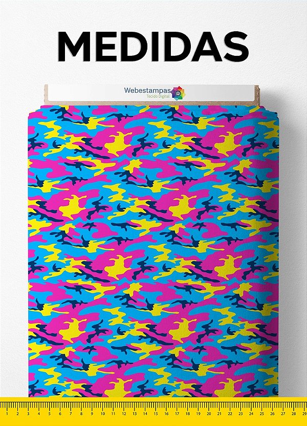 Tecido Micropercal Estampa Digital Camuflada Rosa, Azul e Amarela 1,55m de Largura