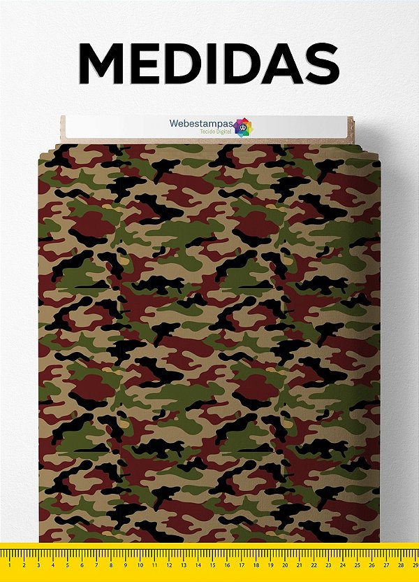 Tecido Micropercal Estampa Digital Camuflada Verde, Vermelho, Preto e Bege 1,55m de Largura