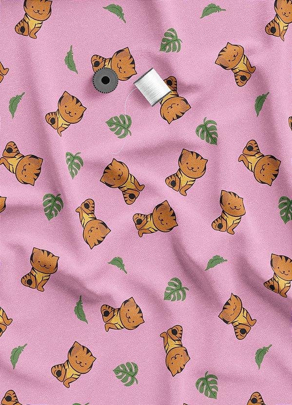 Tecido Micropercal Estampa Digital Gatinho Fundo Rosa 1,55m de Largura