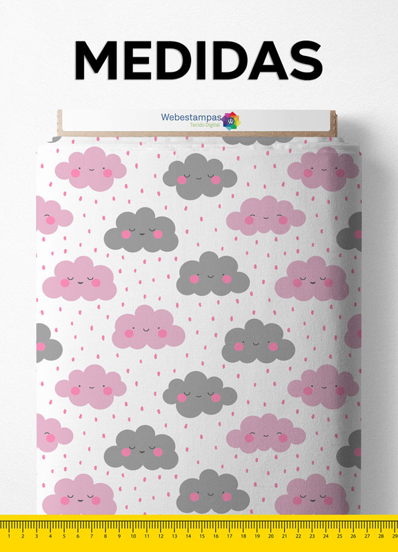 Tecido Micropercal Estampa Digital Nuvens Rosa e Cinza 1,55m de Largura