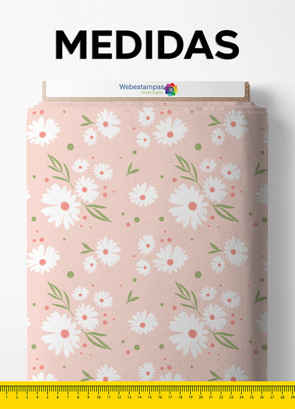 Tecido Micropercal Estampa Digital Margarida Branca e Rosa 1,55m de Largura