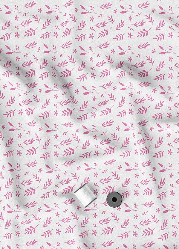Tecido Micropercal Estampa Digital Raminhos Rosa Fundo Branco 1,55m de Largura