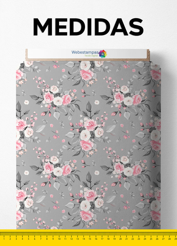 Tecido Micropercal Estampa Digital Rosas Rosa e Branca Fundo Cinza 1,55m de Largura