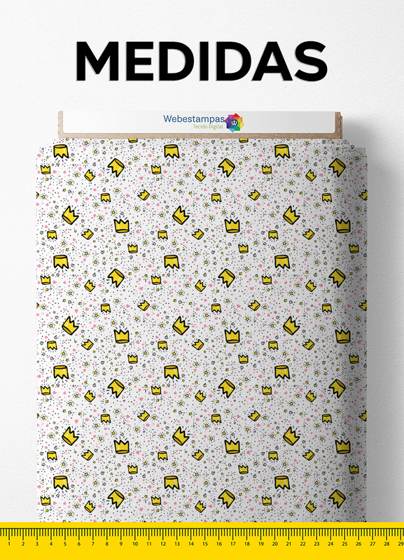 Tecido Micropercal Estampa Digital Coroa Amarela Fundo Branco 1,55m de Largura