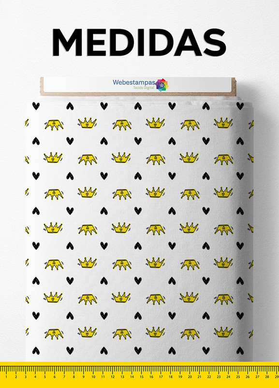 Tecido Micropercal Estampa Digital Coroa Amarelo Coração Preto 1,55m de Largura