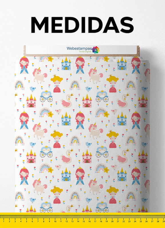 Tecido Micropercal Estampa Digital Princesas Fundo Branco 1,55m de Largura