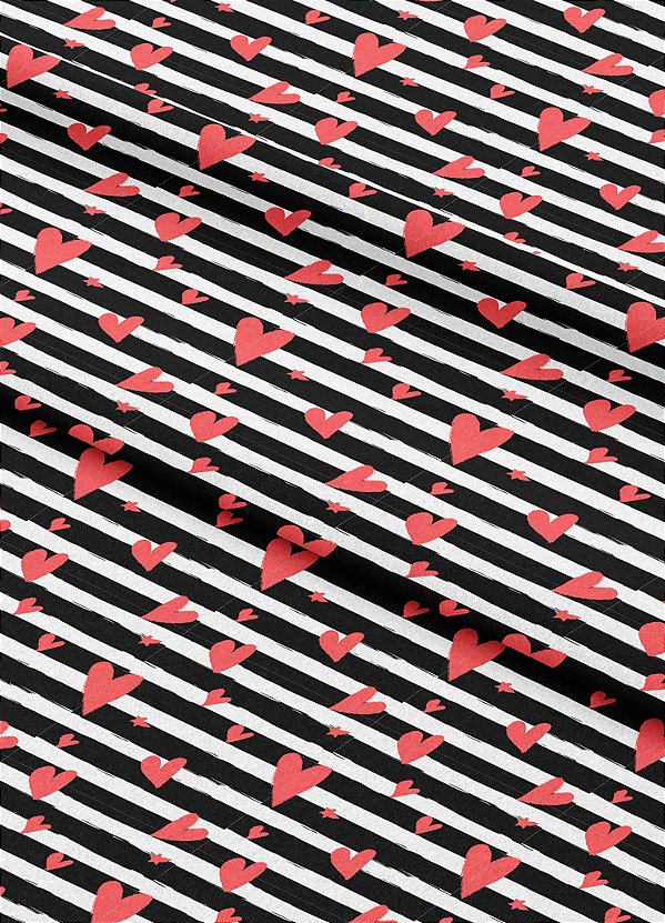 Tecido Micropercal Estampa Digital Corações e Listras 1,55m de Largura