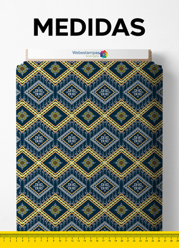 Tecido Micropercal Estampa Digital Étnica Azul Marinho com Amarelo 1,55m de Largura