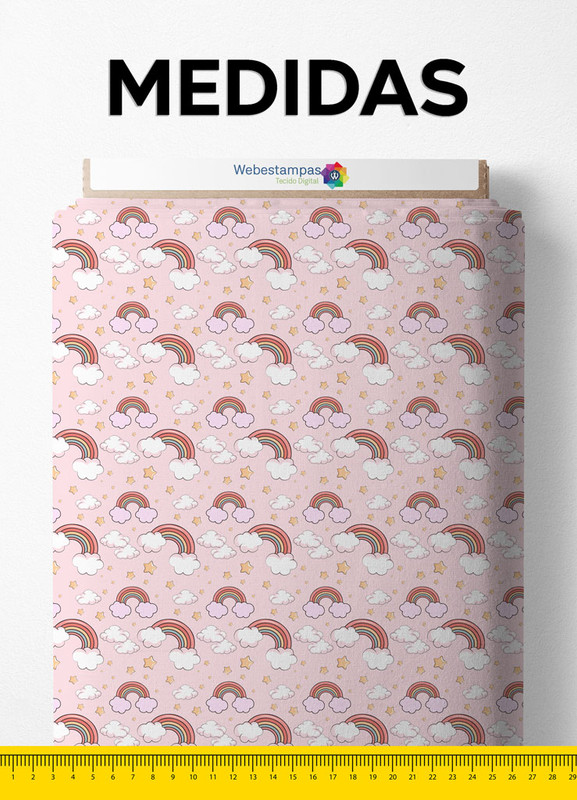 Tecido Micropercal Estampa Digital Arco Íris e Nuvem Rosa 1,55m de Largura