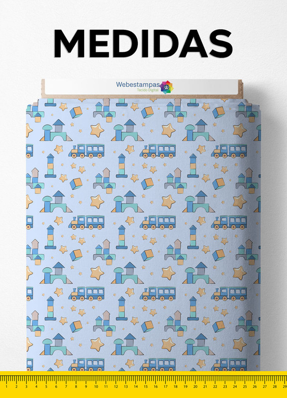 Tecido Micropercal Estampa Digital Trenzinho Azul e Amarelo 1,55m de Largura