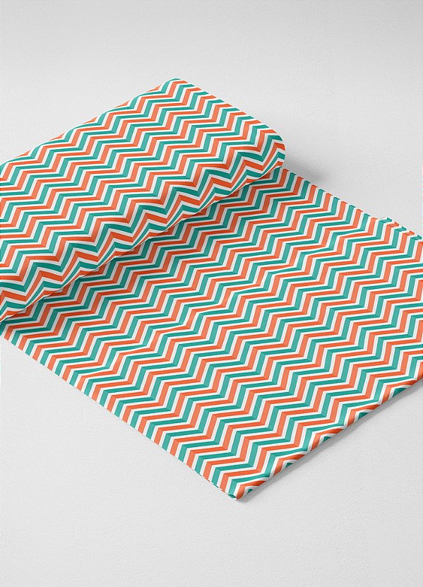 Tecido Micropercal Estampa Digital Chevron Azul e Laranja 1,55m de Largura