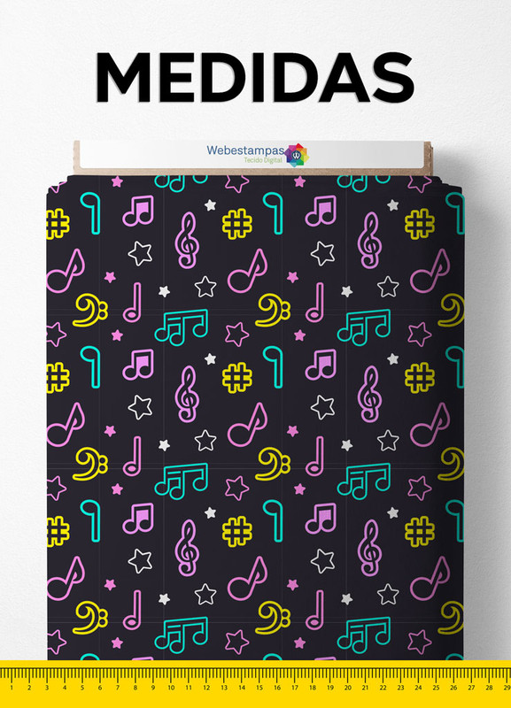 Tecido Micropercal Estampa Digital Notas Musicais Neon 1,55m de Largura