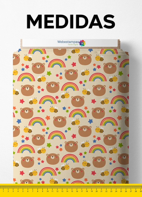Tecido Micropercal Estampa Digital Urso, Abelhinha e Arco-Íris 1,55m de Largura
