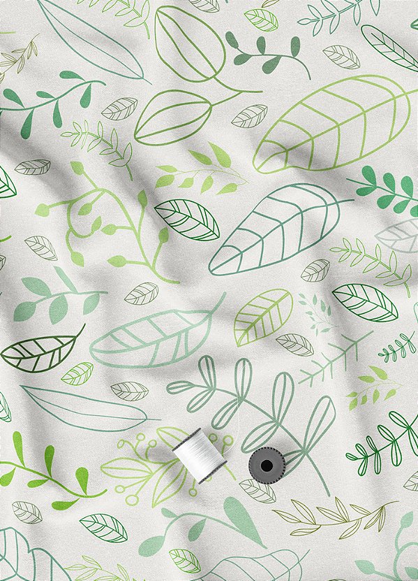 Tecido Micropercal Estampa Digital Folhas Desenhos Verde 1,55m de Largura