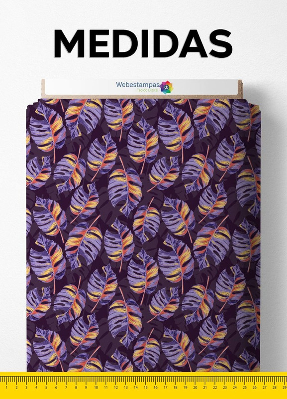 Tecido Micropercal Estampa Digital Folhas Tons Neon Roxo 1,55m de Largura