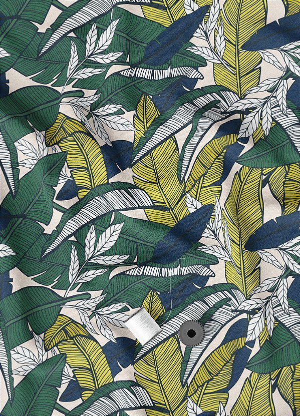 Tecido Micropercal Estampa Digital Folhas Amarelo Verde e Azul 1,55m de Largura
