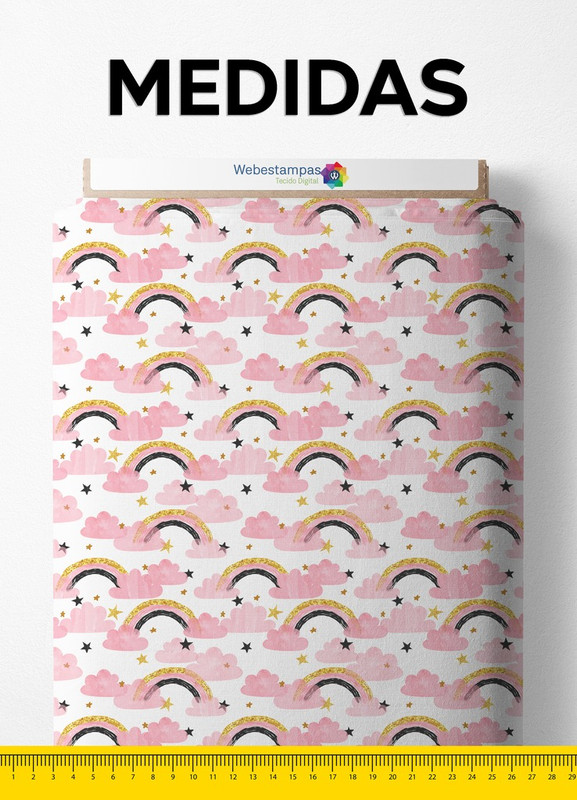 Tecido Percal 200 Fios Estampa Digital Arco-Íris Dourado e Nuvem Rosa 1,50m de Largura