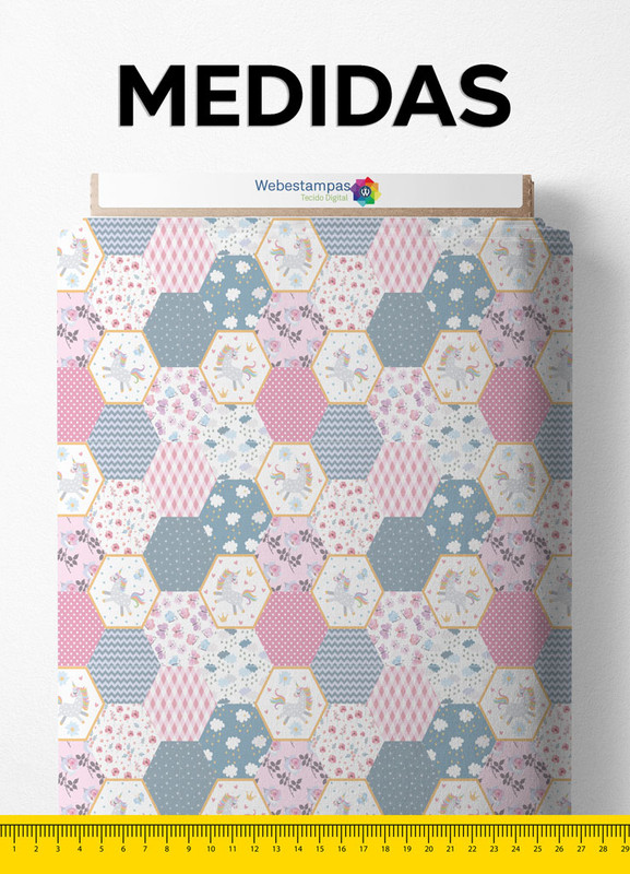Tecido Percal 200 Fios Estampa Digital Colmeia Floral Azul e Rosa 1,50m de Largura