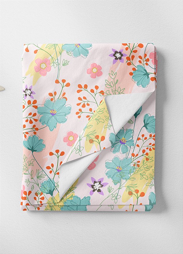 Tecido Percal 200 Fios Estampa Digital Floral Azul Laranja e Rosa 1,50m de Largura