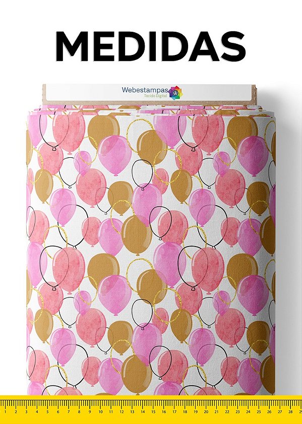 Tecido Tricoline Estampa Digital Balões Rosa, Vermelho e Amarelo 1,55m de Largura