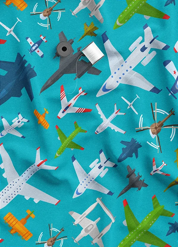 Tecido Tricoline Estampa Digital Aviões Fundo Azul 1,55m de Largura