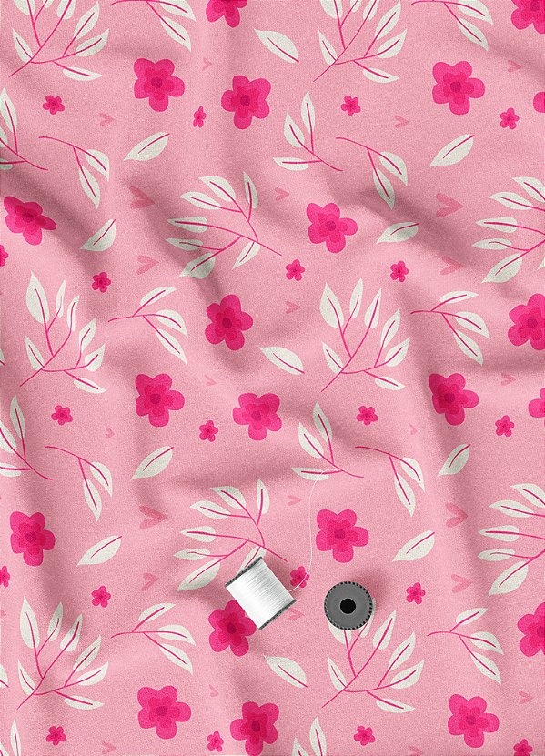 Tecido Tricoline Estampa Digital  Flores Pink e Branco 1,55m de Largura