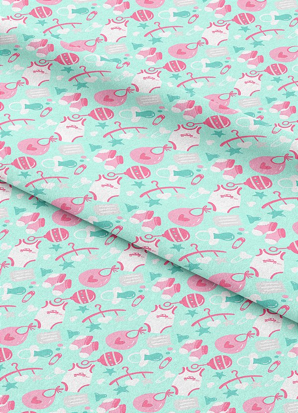 Tecido Tricoline Estampa Digital Roupinha Branco Rosa e Azul 1,55m de Largura
