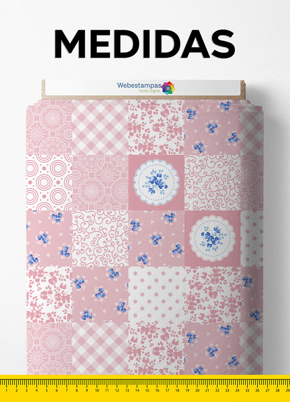 Tecido Tricoline Estampa Digital Flores Mini Rosa e Azul 1,55m de Largura