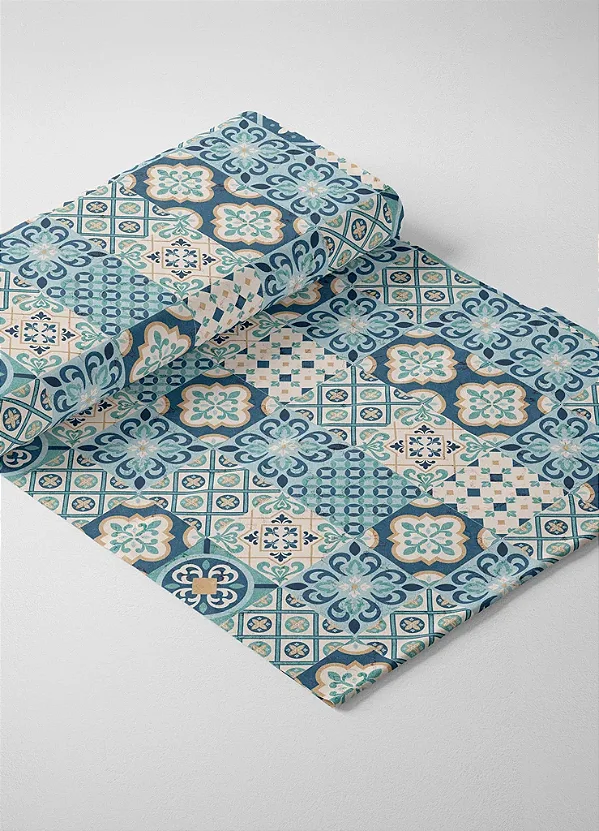 Tecido Tricoline Estampa Digital Arabesco Azulejo Azul e Palha 1,55m de Largura