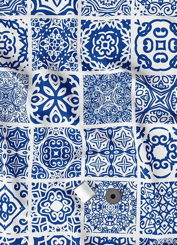 Tecido Tricoline Estampa Digital Arabesco Azulejo Marinho 1,55m de Largura