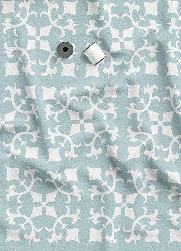 Tecido Tricoline Estampa Digital Arabesco Médio Branco Fundo Azul 1,55m de Largura