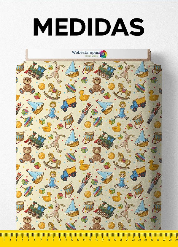 Tecido Malha 100% Algodão Fio 30 Estampa Digital Brinquedos Fundo Amarelo 1,50m de Largura