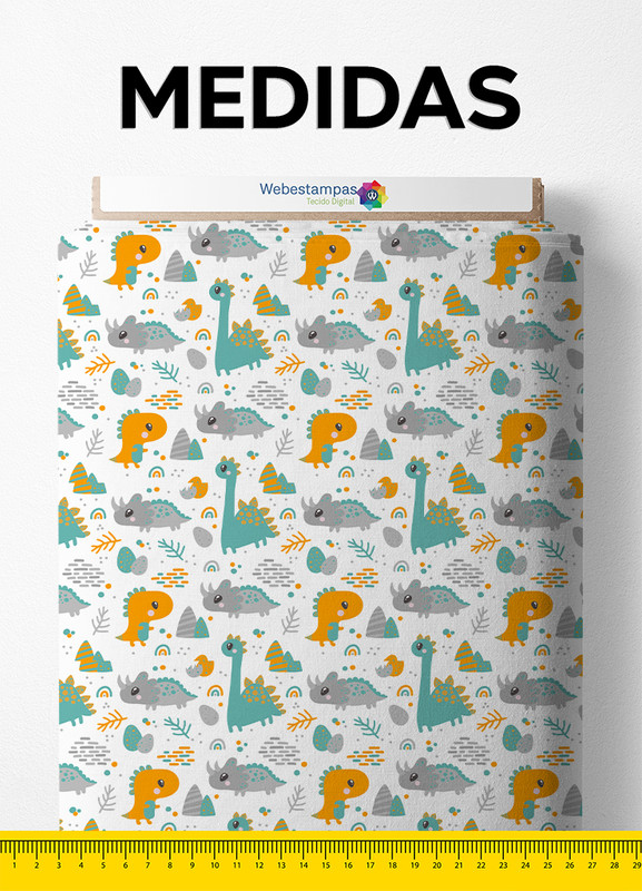 Tecido Malha 100% Algodão Fio 30 Estampa Digital Dino Azul e Amarelo 1,50m de Largura