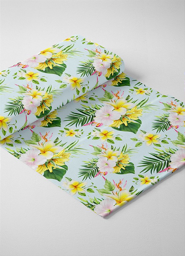 Tecido Malha 100% Algodão Fio 30 Estampa Digital Flores e Ramos Amarelo Fundo Azul 1,50m de Largura