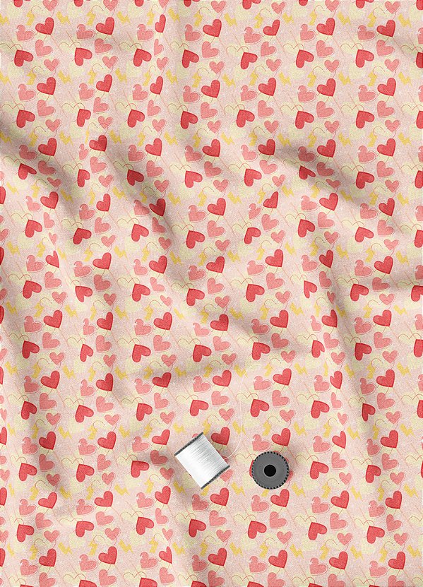 Tecido Malha 100% Algodão Fio 30 Estampa Digital Mini Corações Vermelho e Amarelo 1,50m de Largura