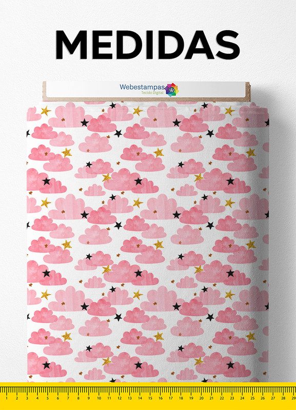 Tecido Malha 100% Algodão Fio 30 Estampa Digital Nuvens Rosa Com Estrelas 1,50m de Largura