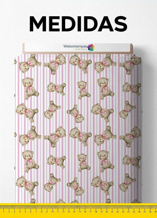 Tecido Malha 100% Algodão Fio 30 Estampa Digital Ursinha com Listras Rosa 1,50 de Largura