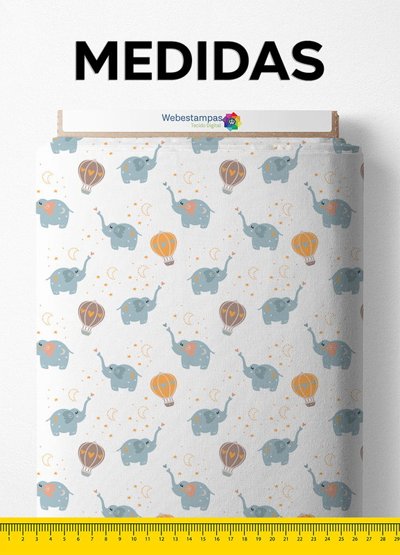 Tecido Malha 100% Algodão Fio 24 Estampa Digital Balão e Elefante 1,50m de Largura
